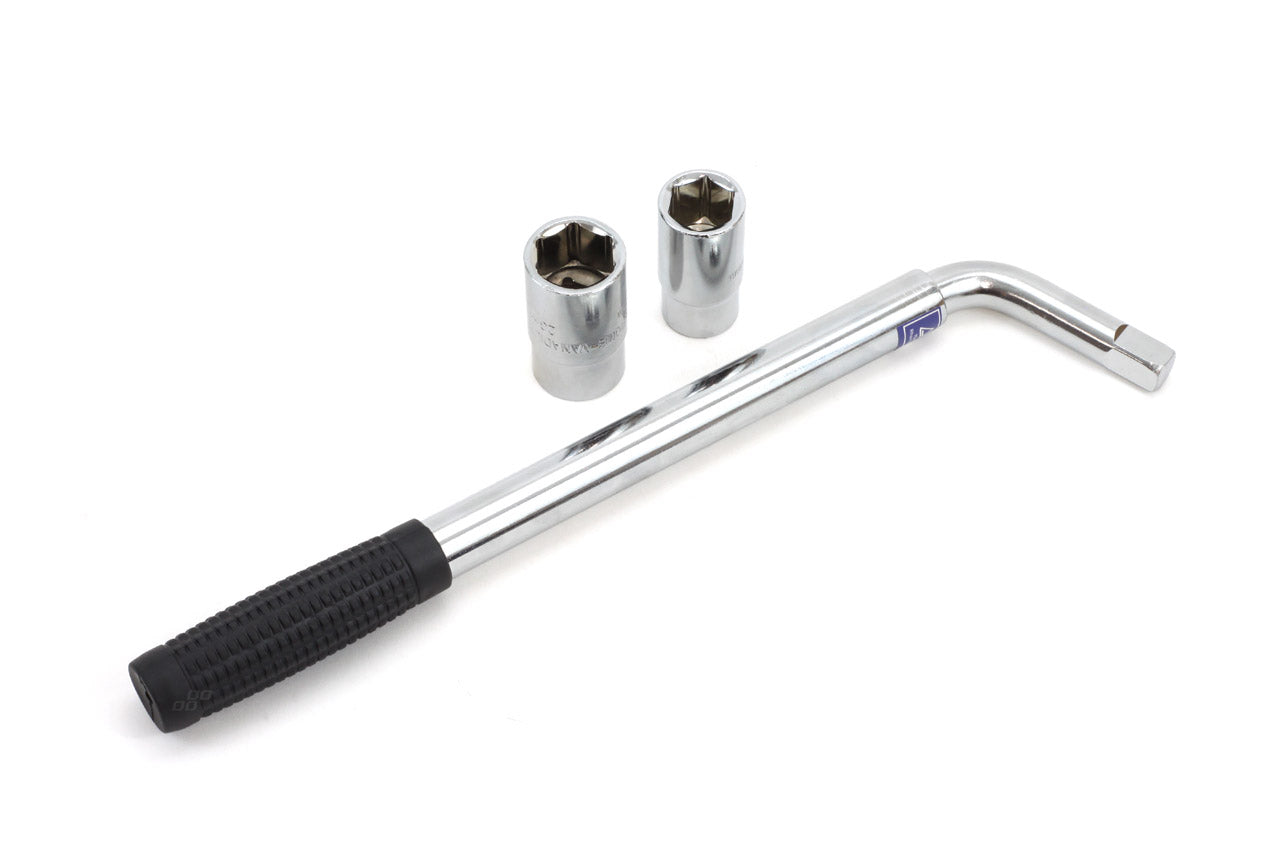 Telescopische wielsleutel met doppen in de maten 17, 19, 21 en 23 mm