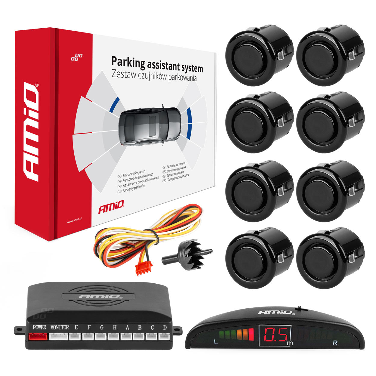 Parkeersysteem met LED-display en acht zwarte 18 mm-sensoren