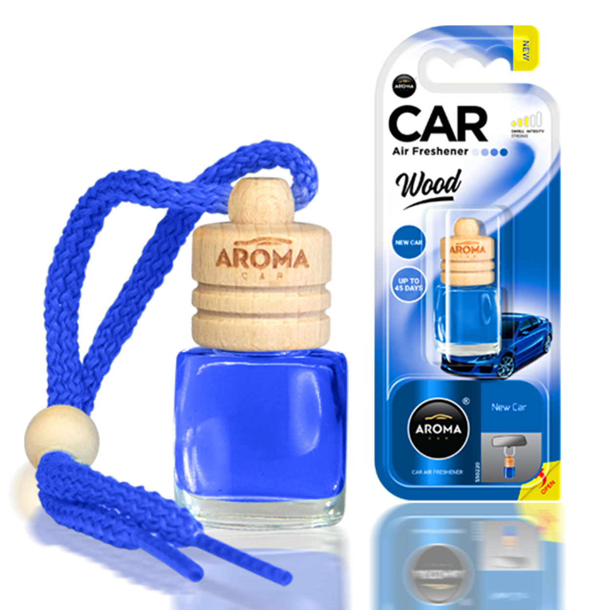 Aroma Wood New Car luchtverfrisser met houten dop en glazen flesje