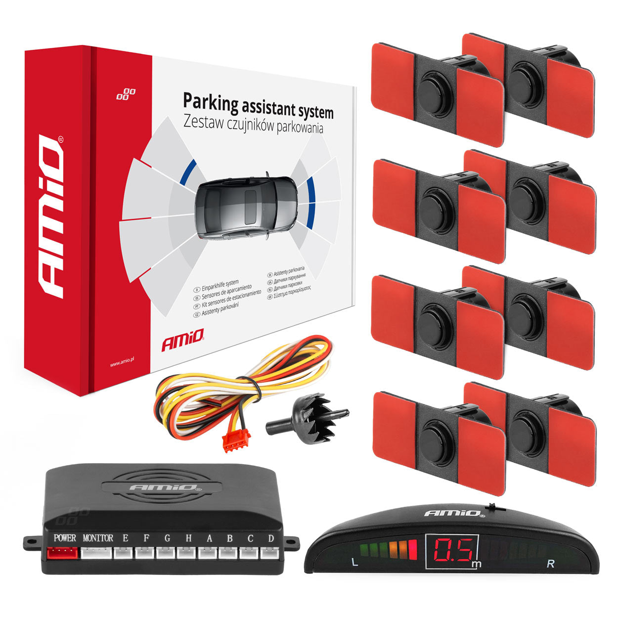 Parkeerhulpsysteem met 8 zwarte sensoren en LED-display