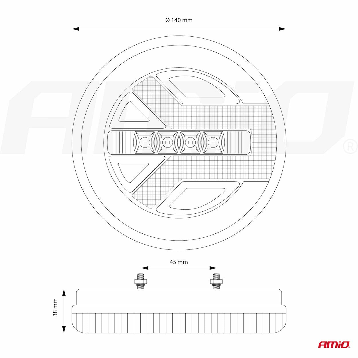 Gecombineerd LED-achterlicht met afmetingen Ø140 x 38 mm