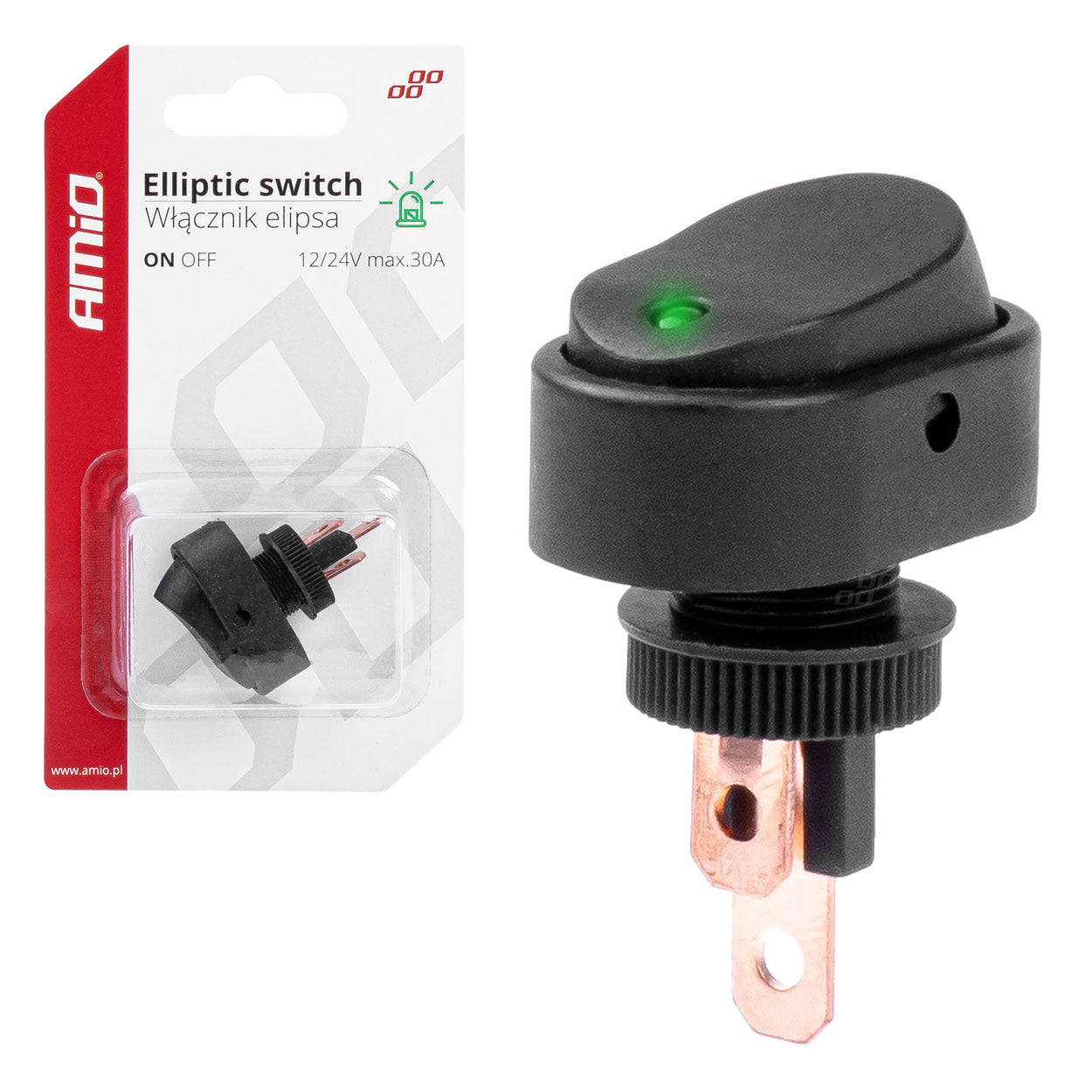 Elliptische zwarte schakelaar met groene verlichting voor 12/24 V