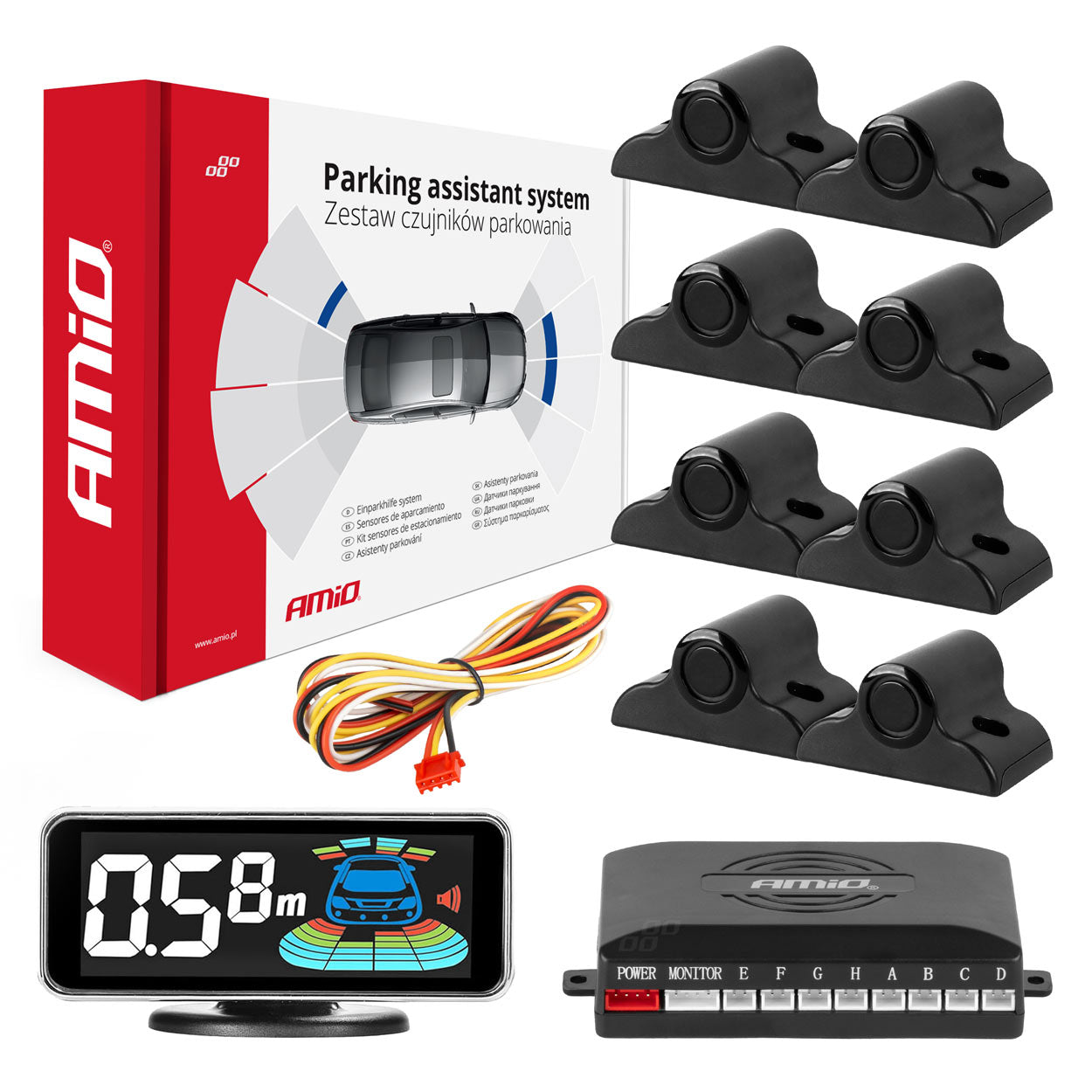 Parkeersysteem met 3D LED-display en acht zwarte 19 mm sensoren