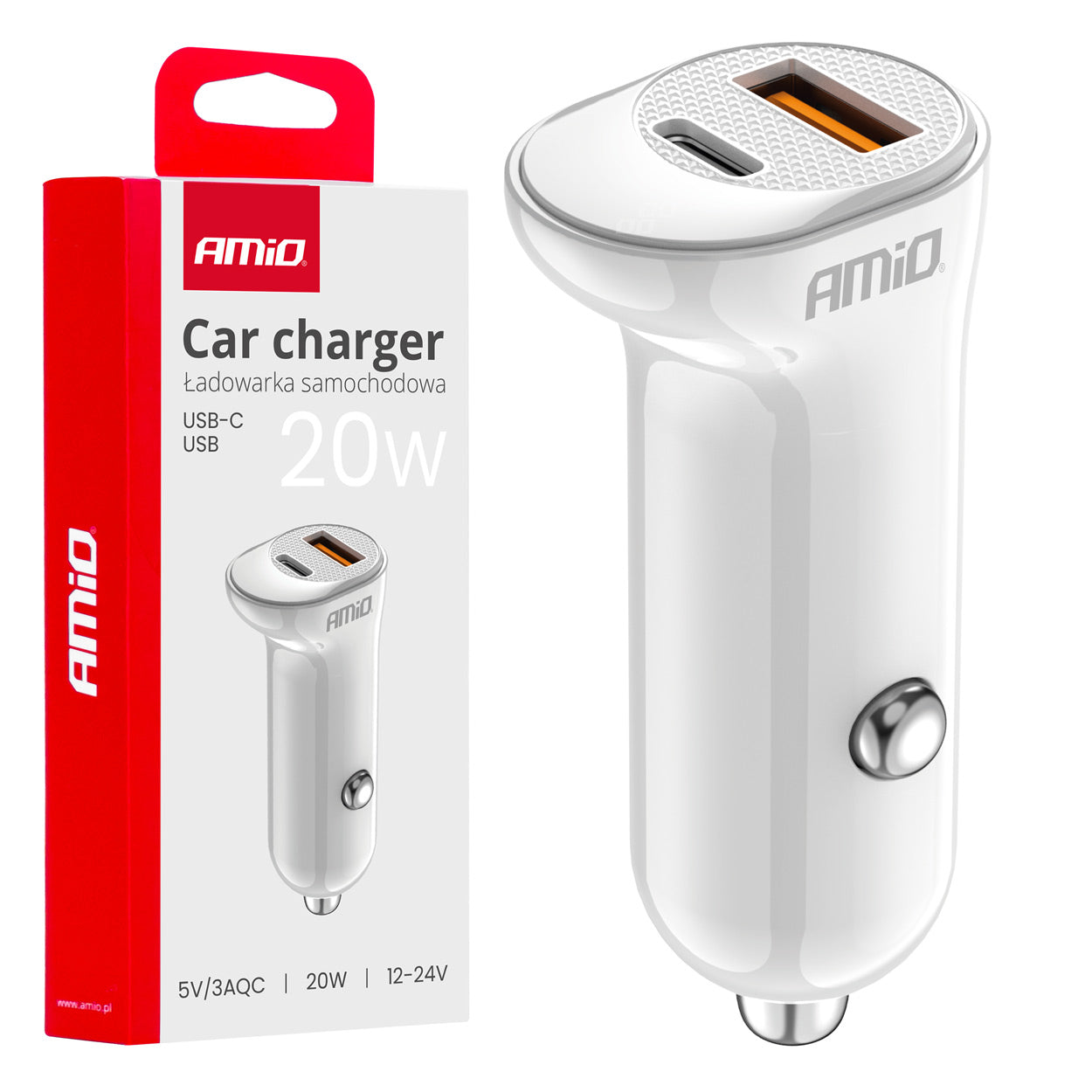 Hvid USB-billader med USB-A- og USB-C-port