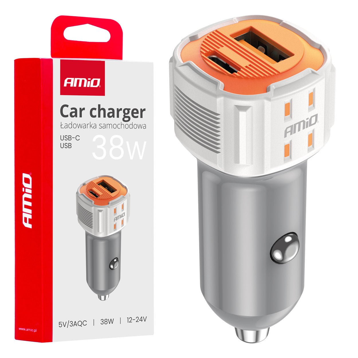 Hvid USB-billader med USB-A og USB-C porte