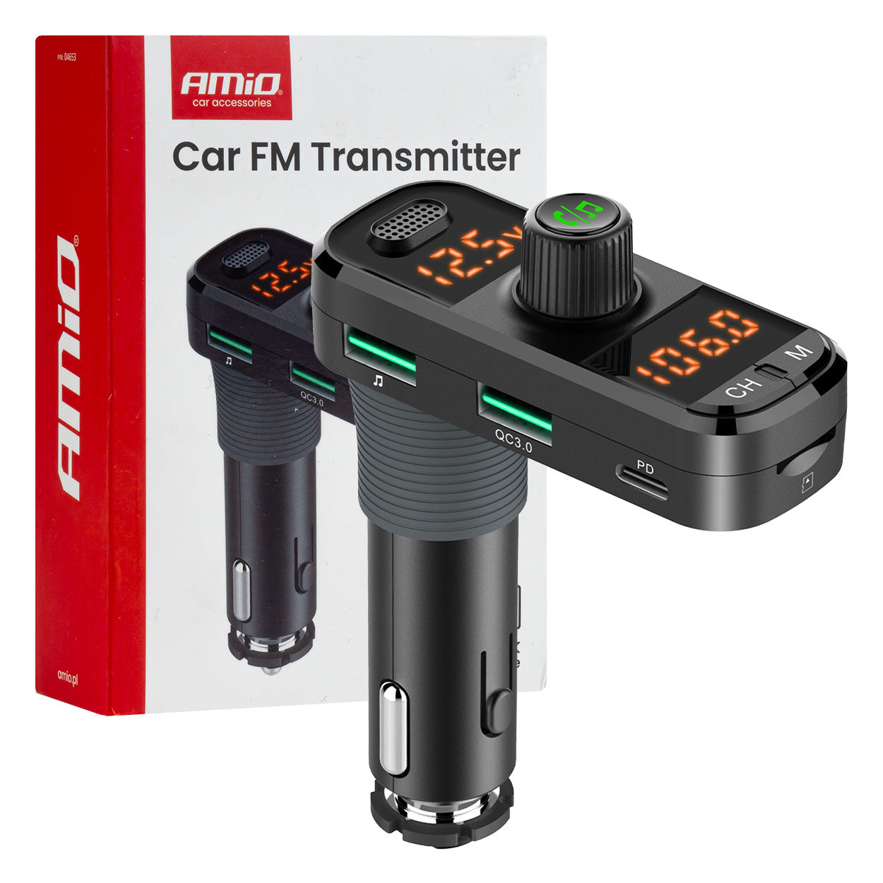 FM-sender med Bluetooth, USB-A, USB-C og microSD