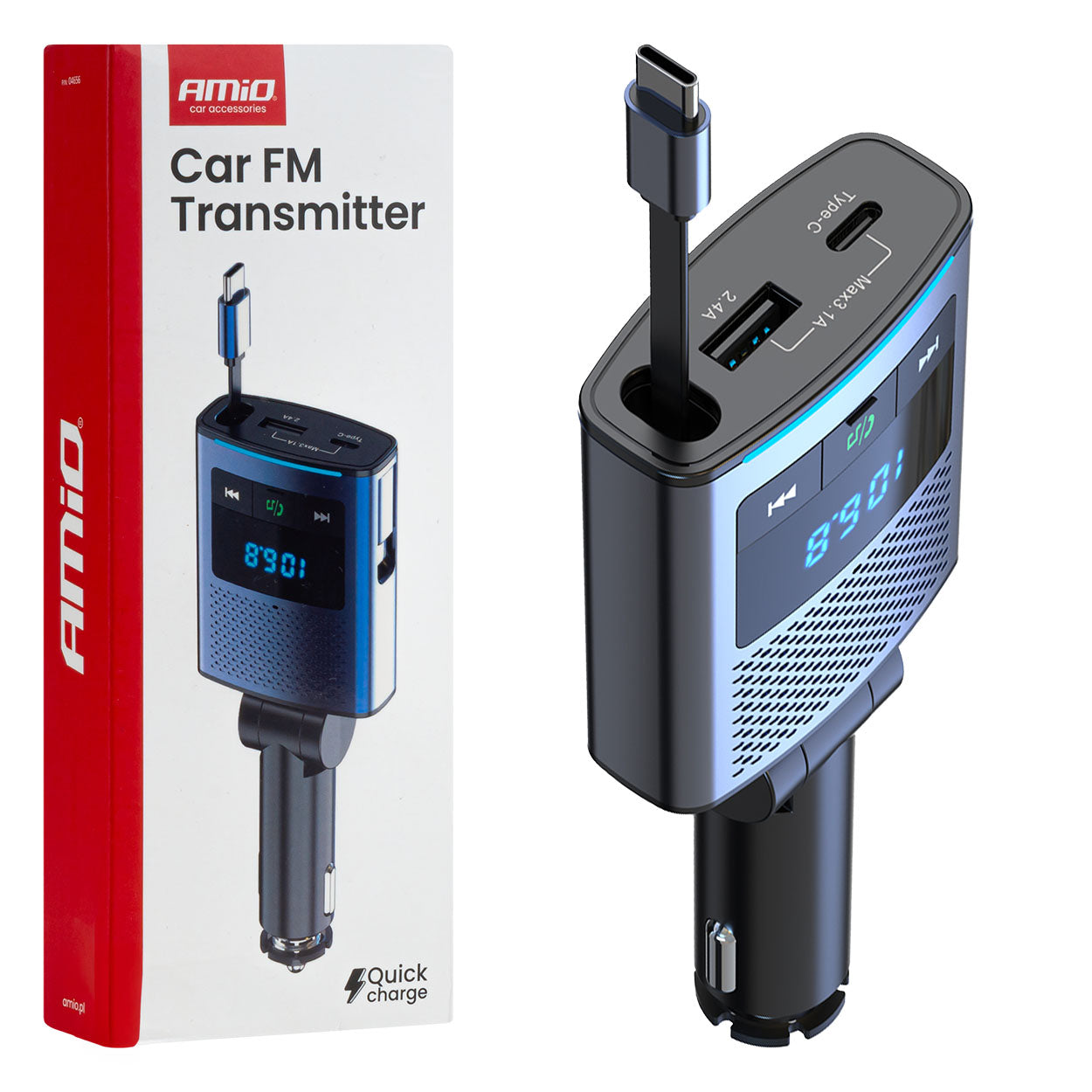 FM-sender med Bluetooth, USB-A og USB-C-kabel