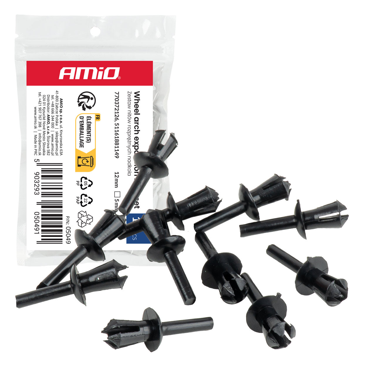 Expansieklinknagels voor wielkasten, 12 mm en 5 mm, 10 stuks.