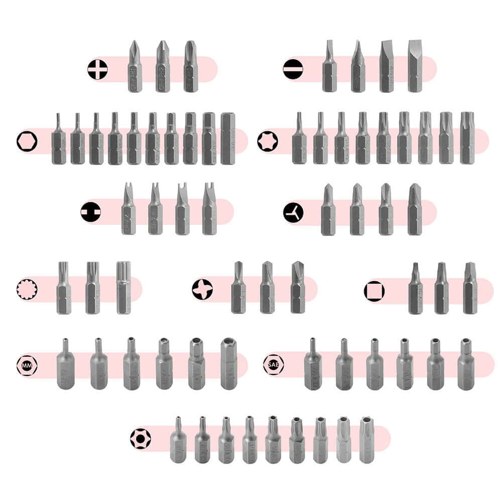 Afbeelding van een 220-delige bit- en doppenset met verschillende bits in meerdere maten.