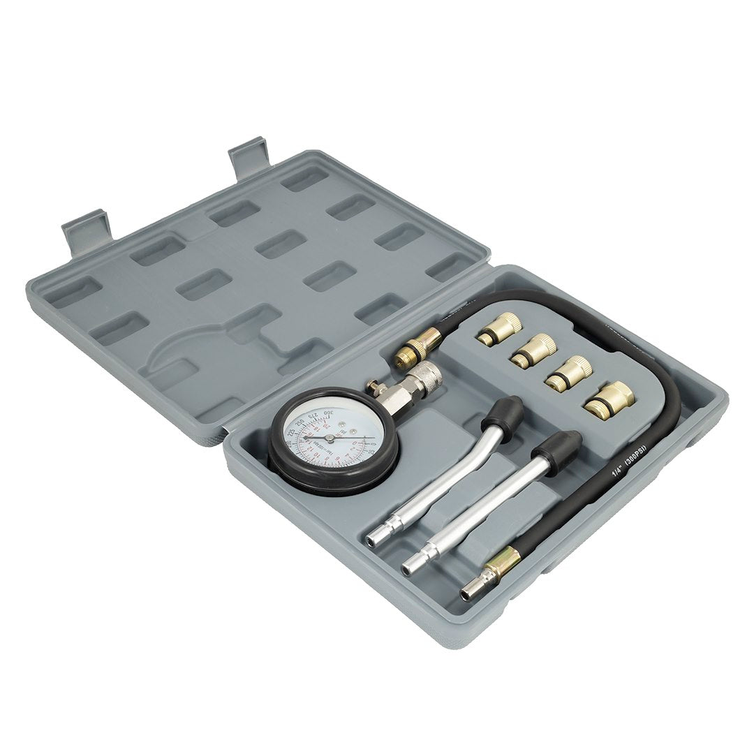 Compressietester voor benzinemotor met manometer en adapters