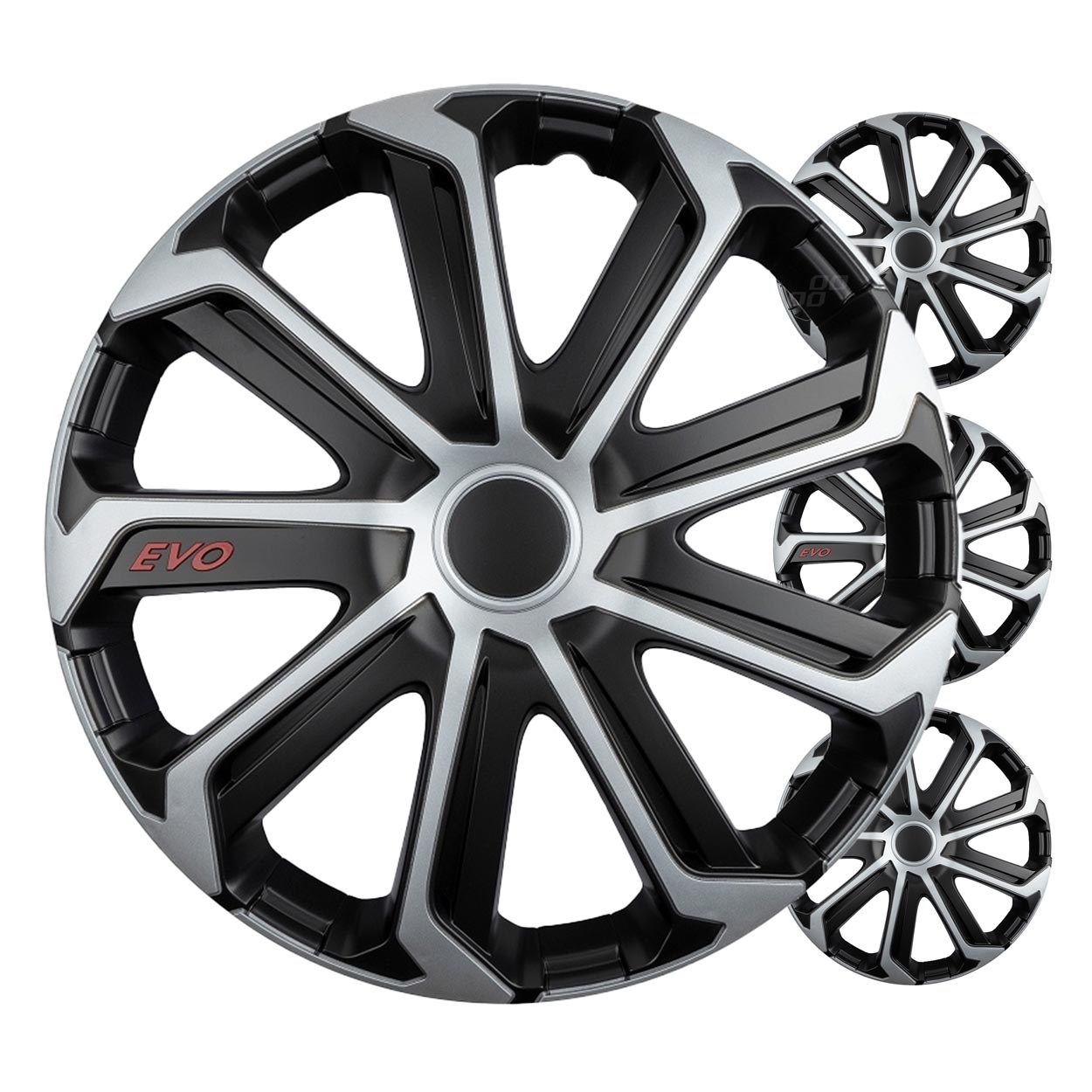 EVO wieldeksels in zwart en zilver voor 16 inch stalen velgen