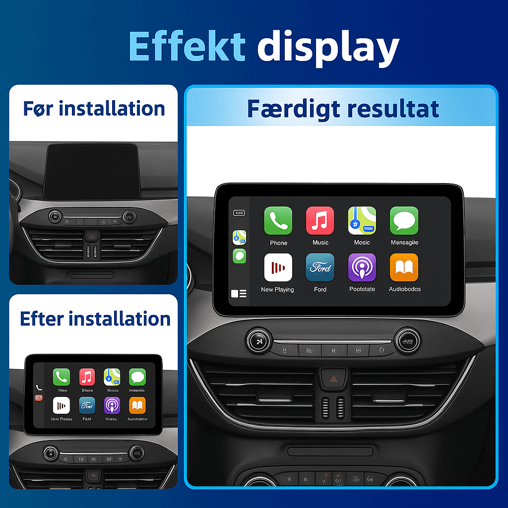 Ford Focus 19-22 - 12,3" radio met Apple CarPlay en Android Auto - resultaat van het display voor en na installatie