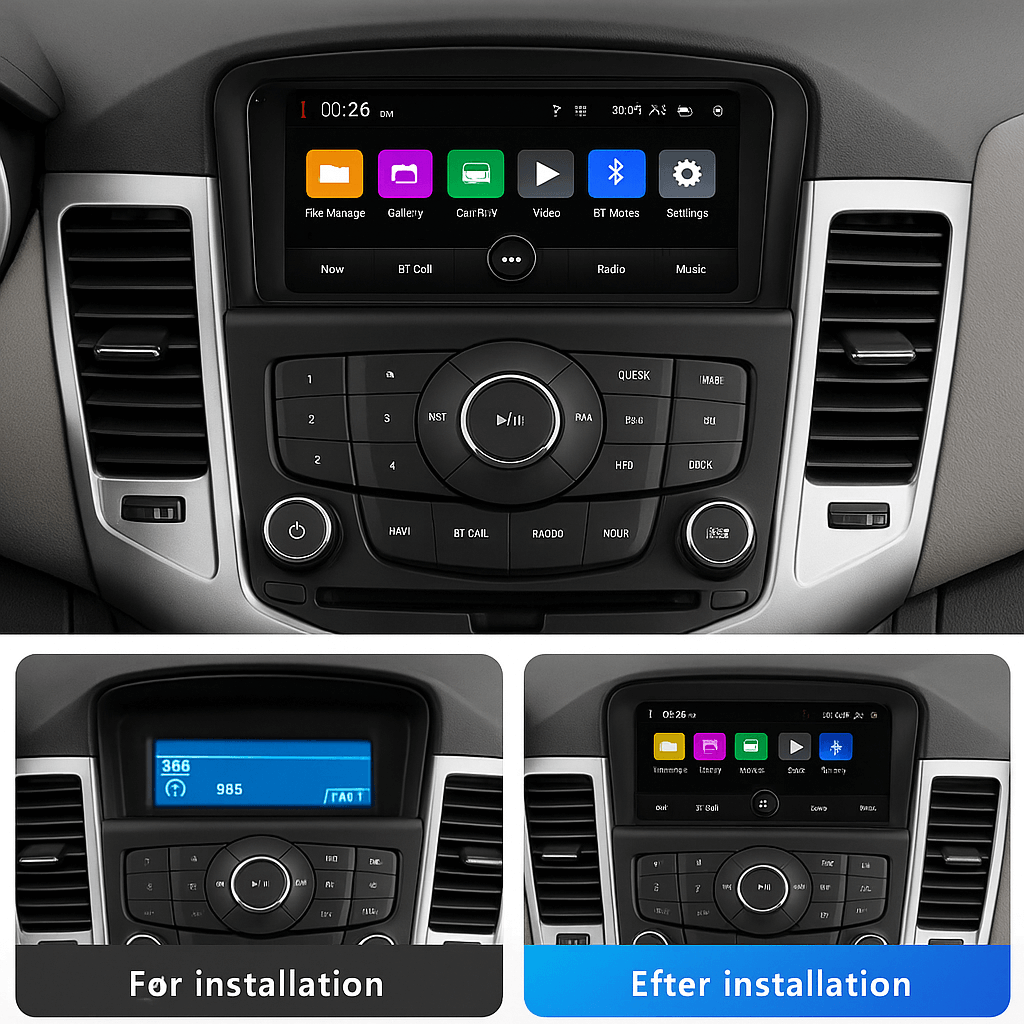 Chevrolet Cruze 09-14 - 7" Radio m. Apple CarPlay og Android Auto installation comparison before and after