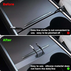 USB Hub til Tesla Model 3/Y (2021–2023) før og efter installation, viser forbedret kabelstyring.