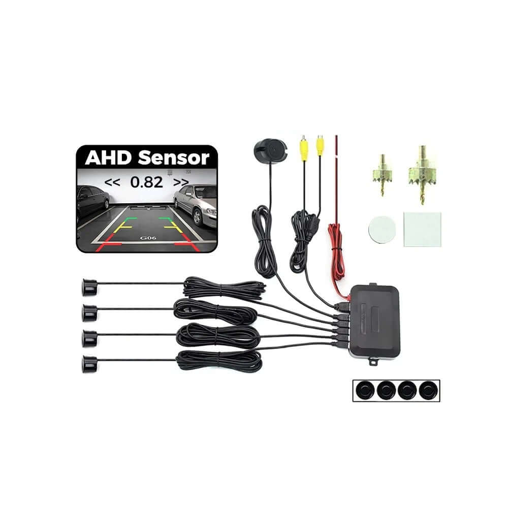 Parkeringssensor-sæt med 4 sensorer og bakkamera – visning på radio – Bilmedie.dk