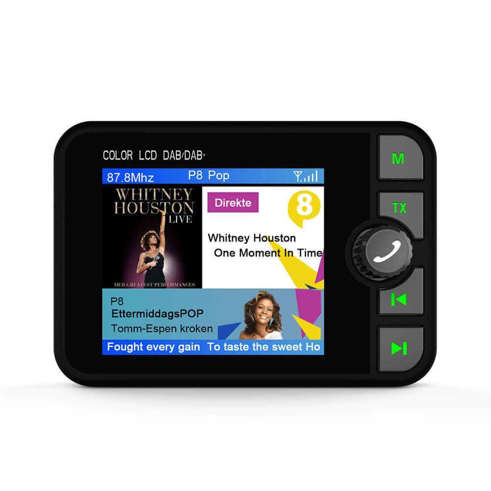 DAB+ adapter met 2,4" kleuren-LCD met Bluetooth, FM-transmitter en AUX, toont muziek en zenders.