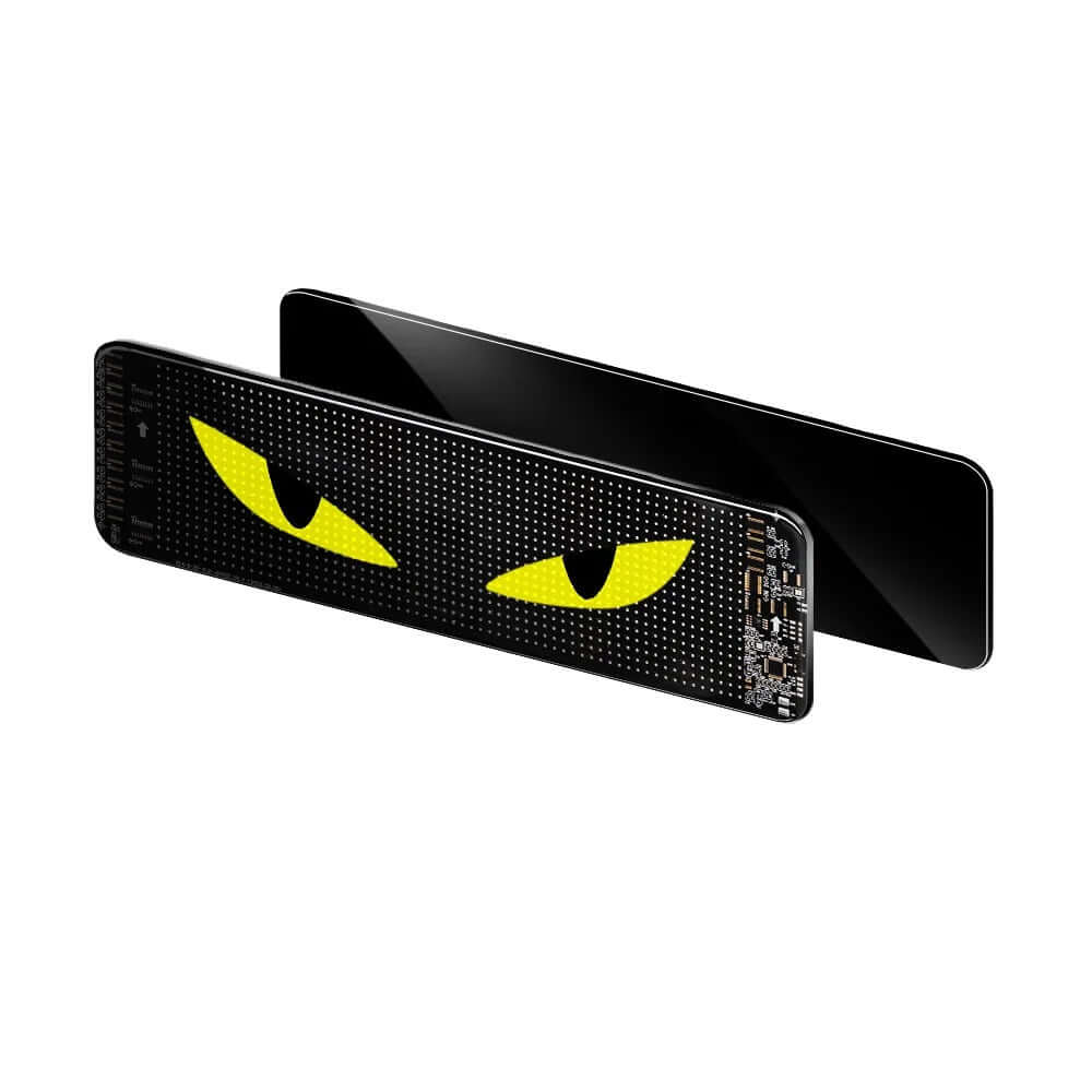 LED-raamdisplay – flexibele matrixdisplay met Bluetooth (110×492 mm) met gele ogen.