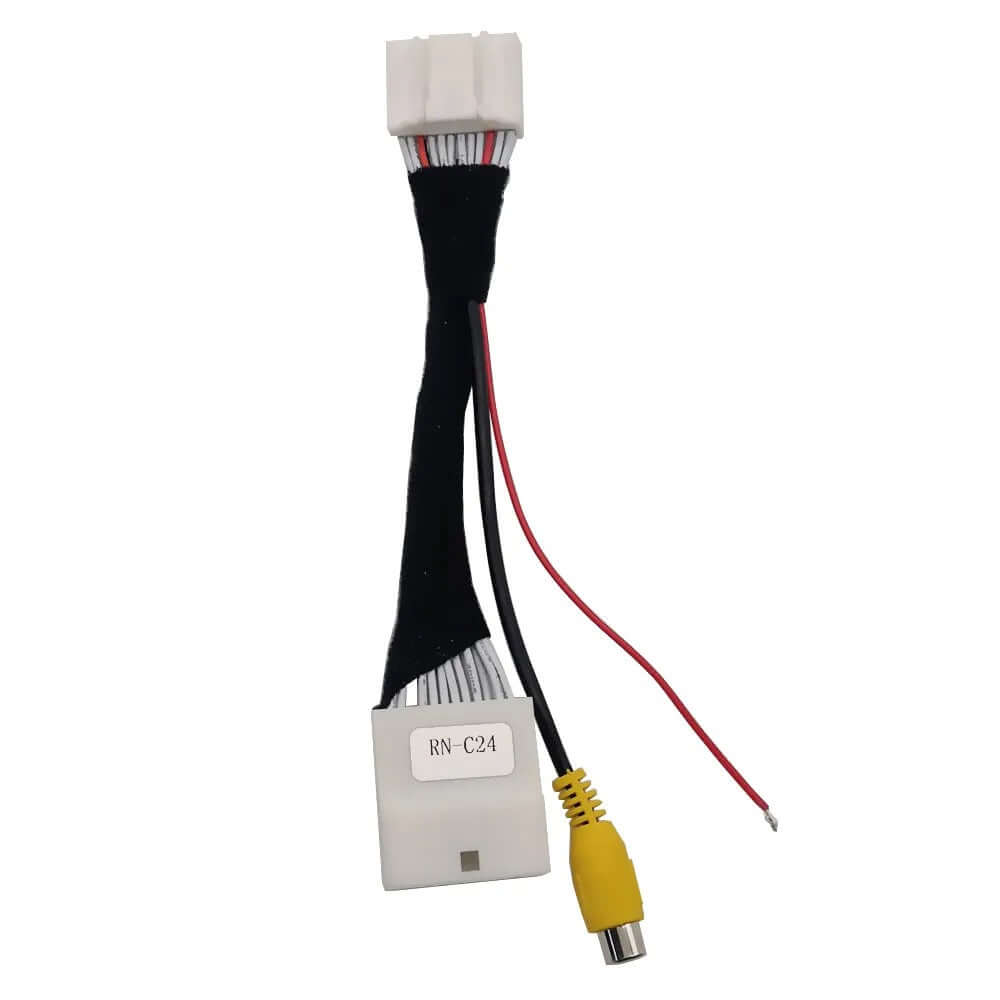 Achteruitrijcamera Dacia (kentekenverlichting) aansluiting met kabels en stekkers voor installatiedoeleinden.