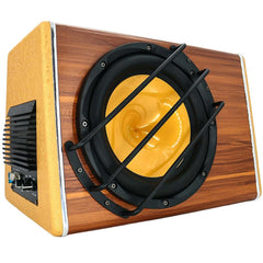 Subwoofer 10" 3800 W with wooden design and yellow cone for deep sound quality in a compact frame.