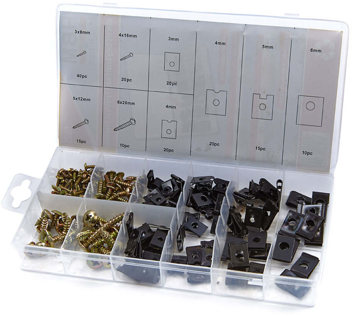 Assortiment plaatclips & plaatschroeven 170-delig – Complete set met assorted clips en schroeven in transparante opbergdoos