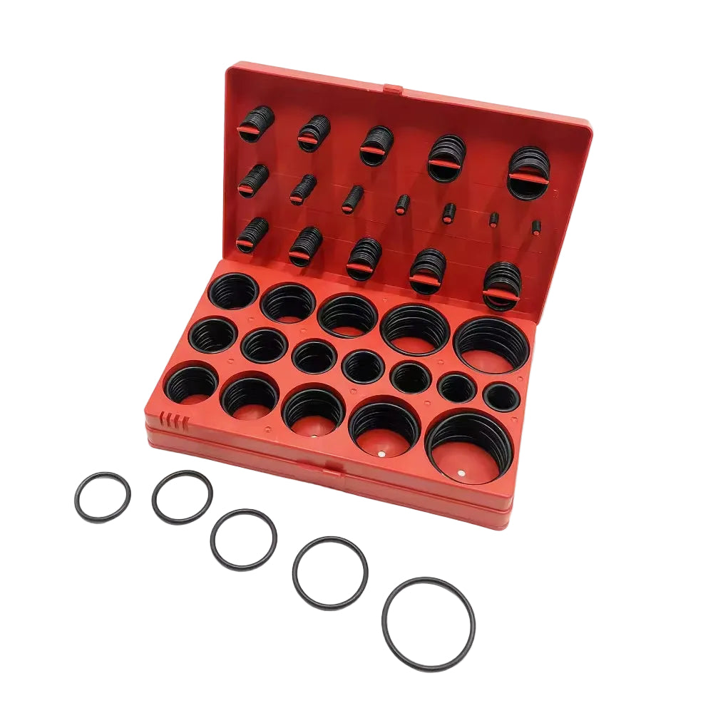 O-ring sæt 419 dele i en rød plastboks med organiserede O-ringe i forskellige størrelser.