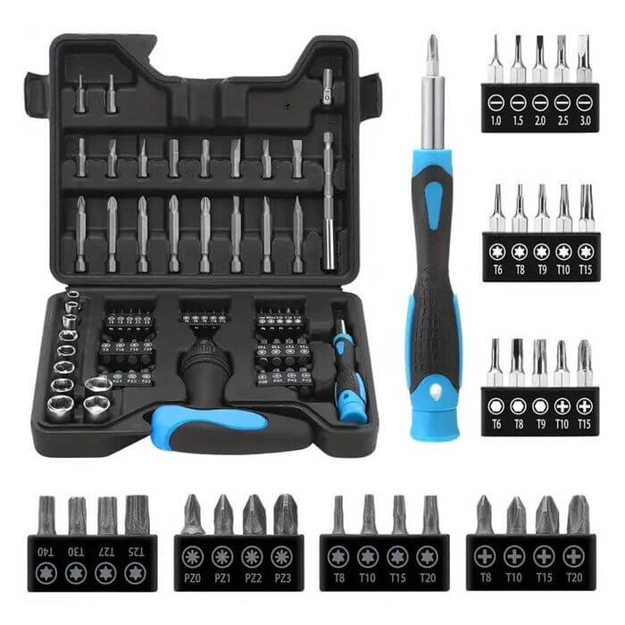 Schroevendraaierset 63-delig – multifunctionele gereedschapsset met bits en ratelhandgreep, inclusief een praktische opbergkoffer.