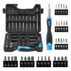 Schroevendraaierset 63-delig – multifunctionele gereedschapsset met bits en ratelhandgreep, inclusief een praktische opbergkoffer.