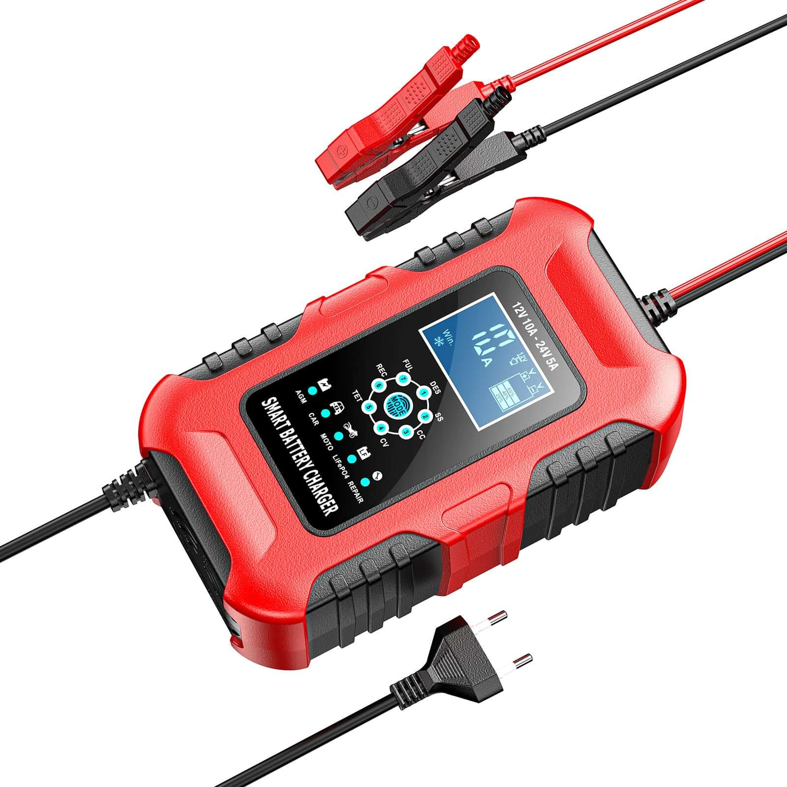 Slimme acculader 12V 10A / 24V 5A met klemmen voor het opladen van accu's en LED-display voor de laadstatus.