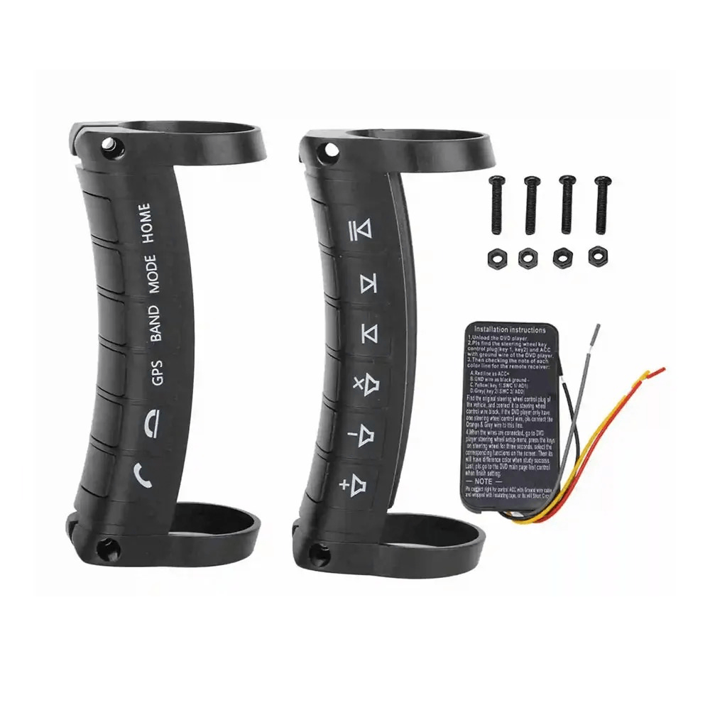 Draadloze stuurwielbediening voor de auto – universele afstandsbediening voor radio & navigatie met knoppen en installatiematerialen.