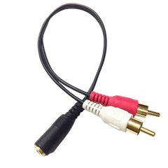 RCA naar 3,5 mm AUX-splitter – male (rood/wit) naar female (jack) kabel voor audioverbinding.