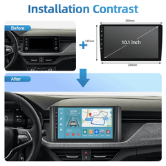 Installation contrast showing before and after upgrading to VW Polo/Skoda Scala/Skoda Kamiq 20-25 – 10,1" Radio med Apple CarPlay og Android Auto.